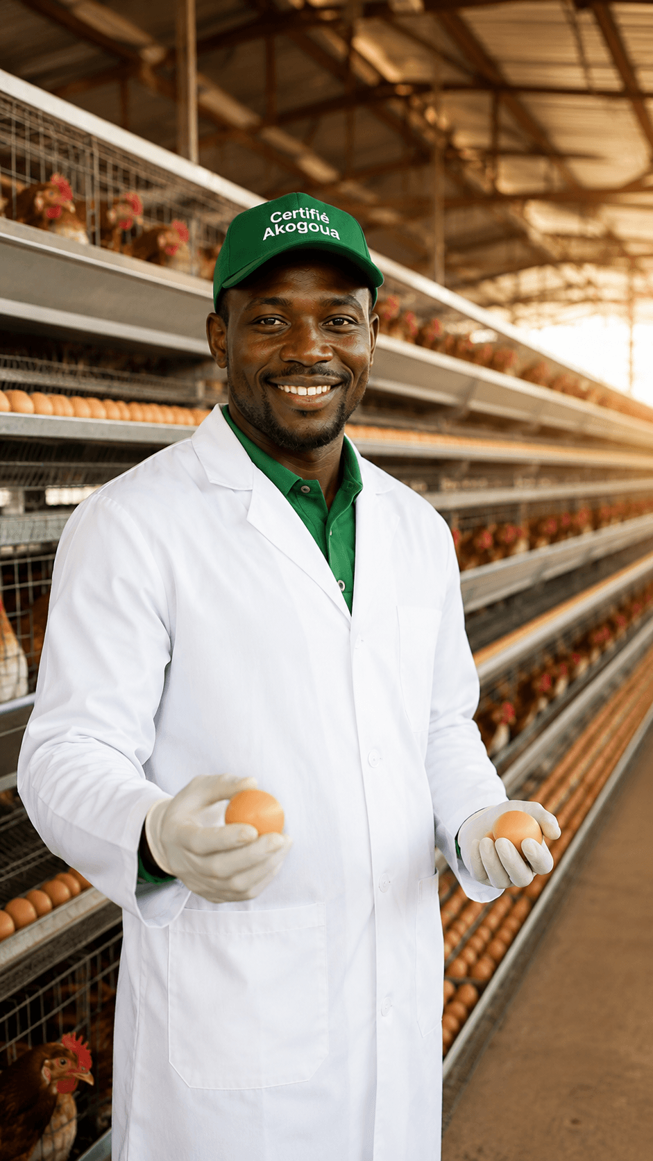 Éleveur en blouse blanche dans une ferme de pondeuses en cages